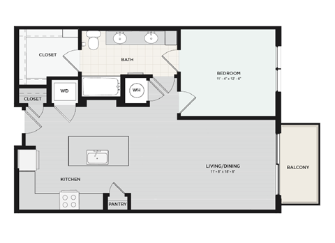 Floor plan for 1 bed, 1 bath, 868 sqft